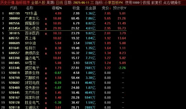 通达信【小草竞价首板排序】早盘竞价排序 可回测 副图源码-指标666