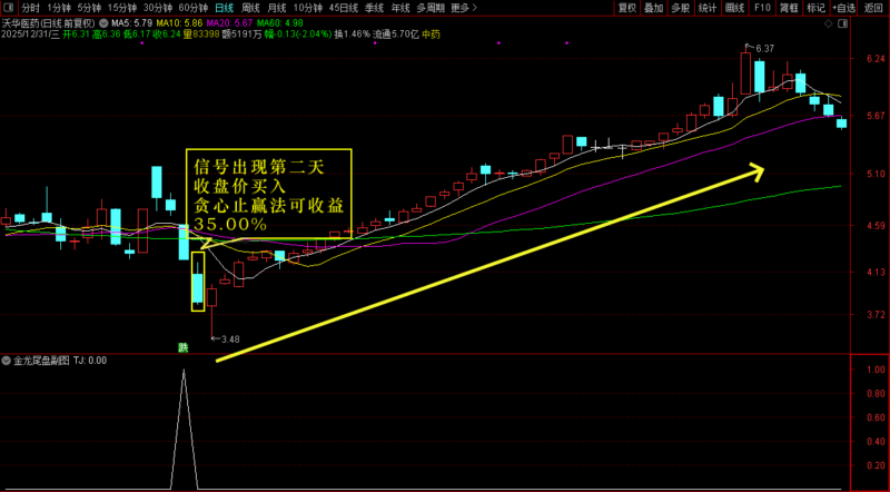 通达信【金龙尾盘一点盈】副图选股指标，96%高胜率信号多短线指标-指标666
